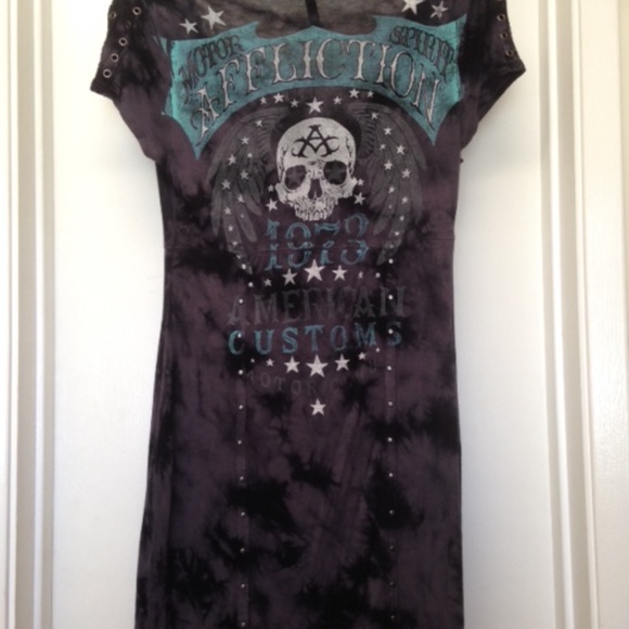 Affliction Black Premium V Neck Mini Dress Studs Rivets Stars - Picture 10 of 12